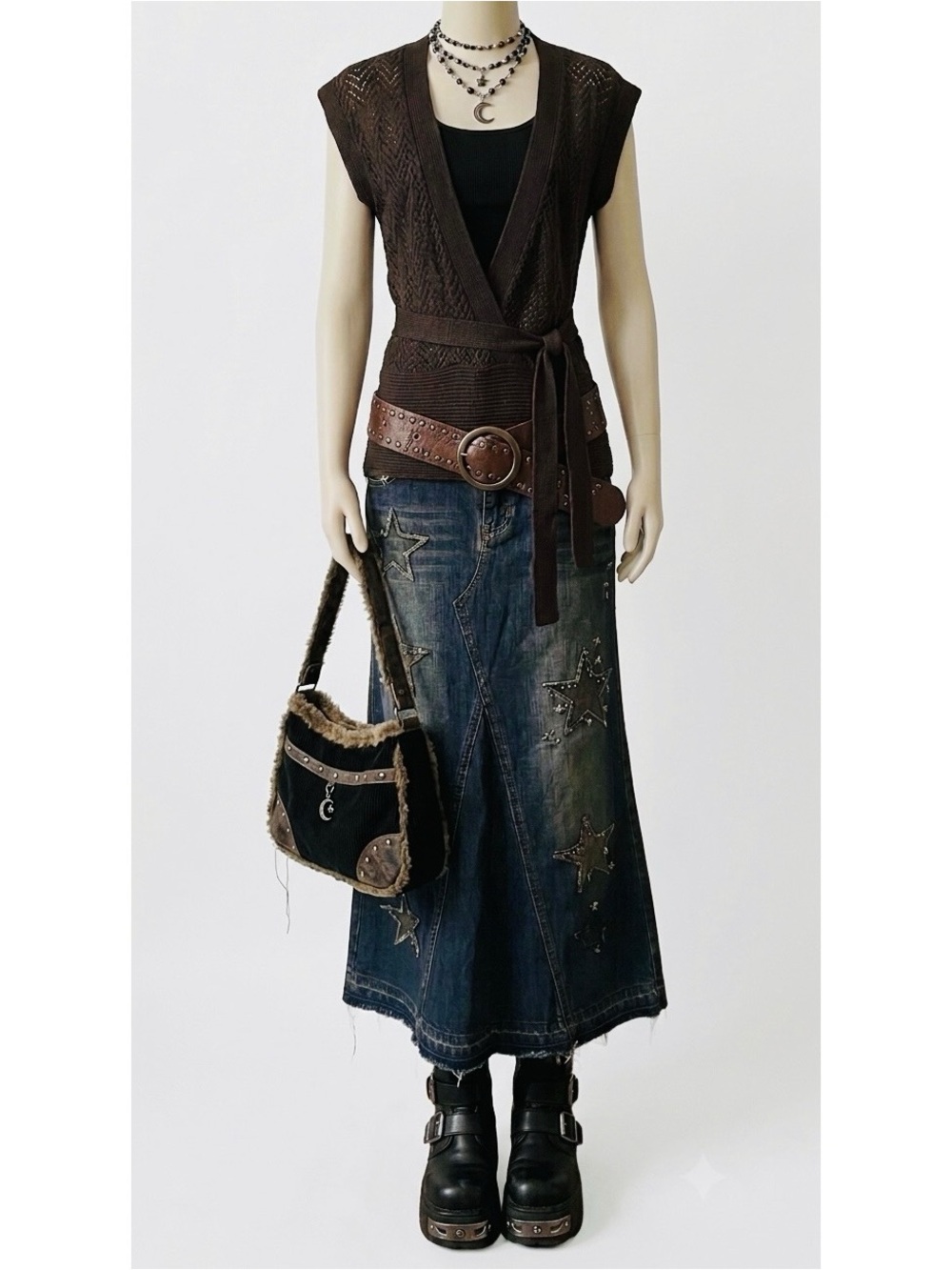 VTG Mexx Y2K Open Chevron Mesh Pointelle Knit Wrap Sweater Vest Top Brown Medium - Picture 4 of 12